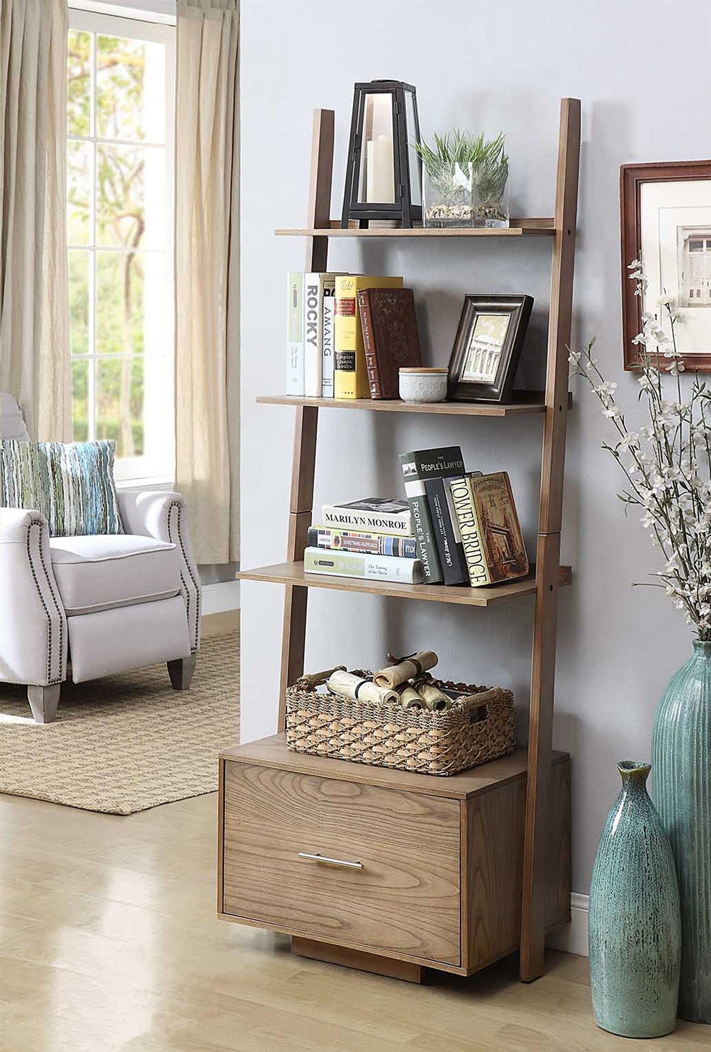 Convenience Concepts American Heritage Ladder Bookcase with File Drawer, Driftwood