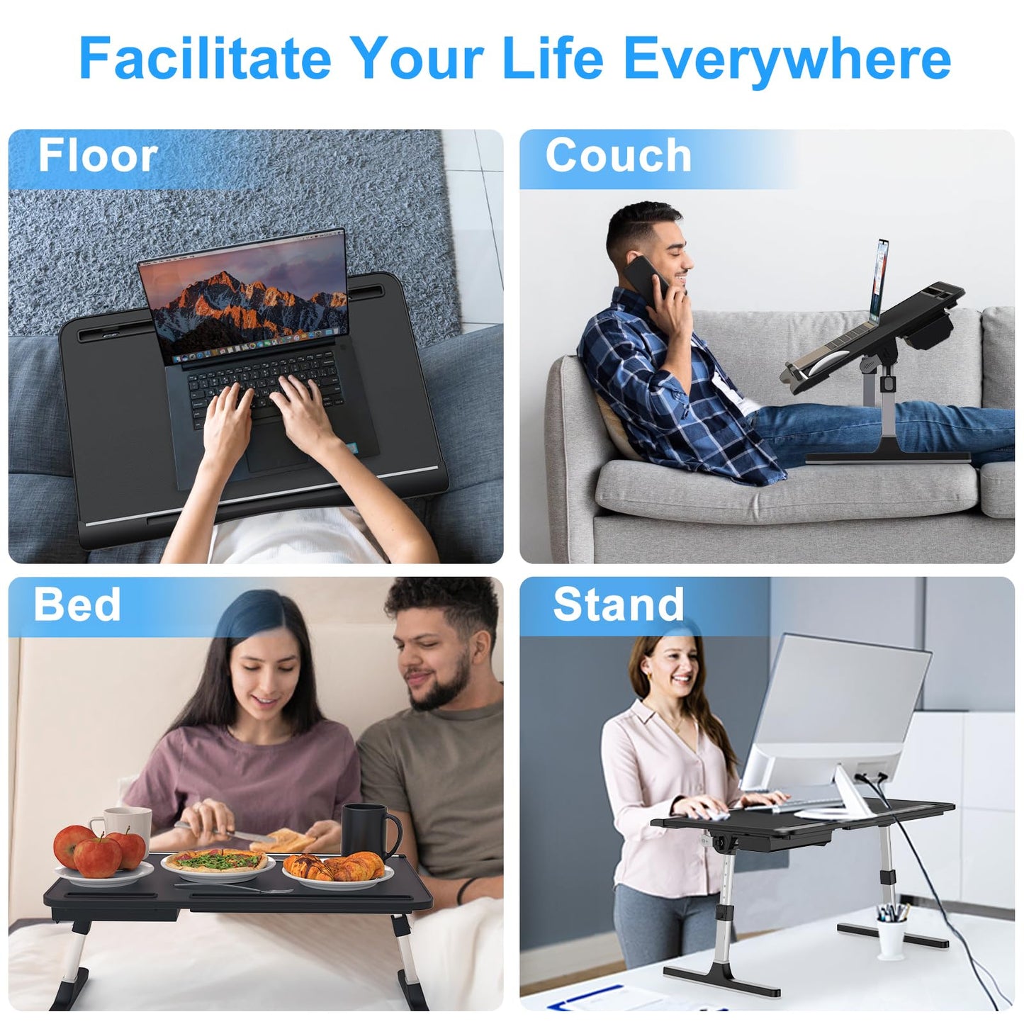 HETTHI Laptop Stand for Bed, Adjustable Leather Bed Desk with Foldable Legs, X-Large Laptop Bed Table Tray with Drawer for Bed Couch Floor Writing Working Reading Eating Painting (Black, 23.6"×15.7")