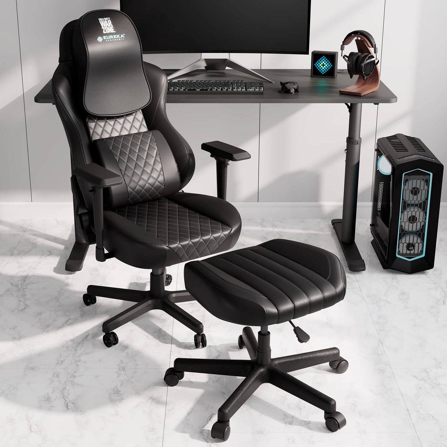 EUREKA ERGONOMIC Multi-Use Stool, Height Adjustable Swivel Rolling Stool Chair W Wheels, Ottoman Footrest for Gaming, Home Office, Black