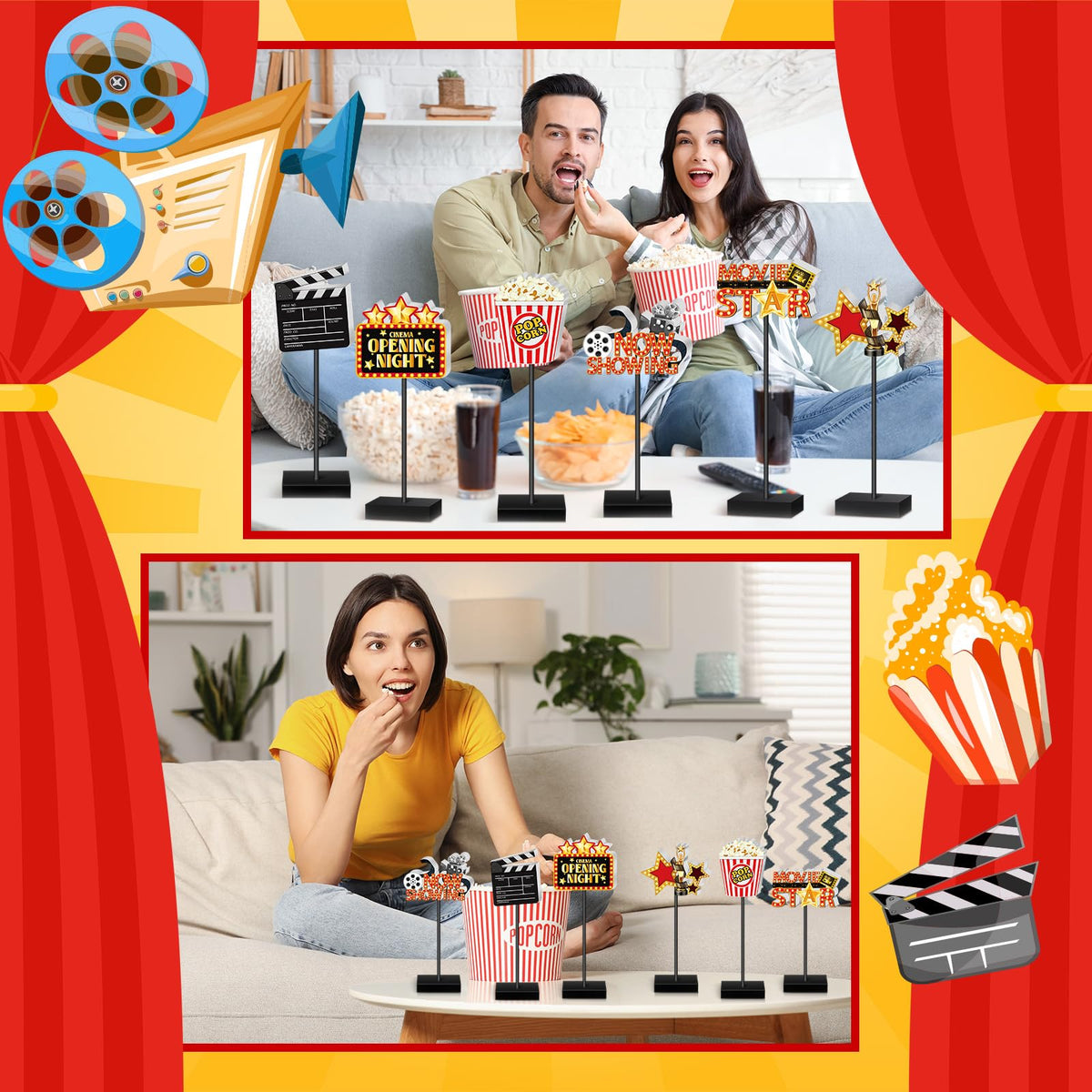 Briwooody 6 Pcs Movie Night Wooden Sign Set Movie Party Decorations Star Video Props Table Centerpiece Tall Standing Sign Popcorn Tabletop Decor for Birthday Night Party Supplies Home Decorations