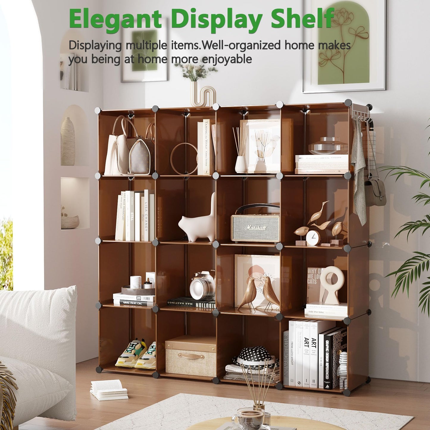 C&AHOME 16-Cube Storage Organizer, Plastic Shelves Units, DIY Closet Organizer, Modular Shelves Ideal for Home, Bedroom, 48.4" L 12.4" W 48.4" H Brown UPCS16C