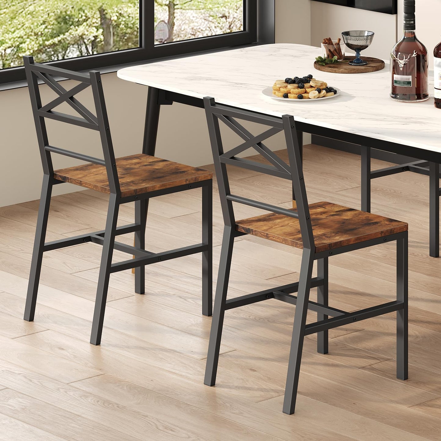 MAHANCRIS Dining Chair Set of 2, Rustic Wooden Kitchen Chairs with Backrest, Farmhouse Dining Chairs for Kitchen, Industrial Style Chair with Metal Frame, Easy Assembly, Rustic Brown TBHR1001
