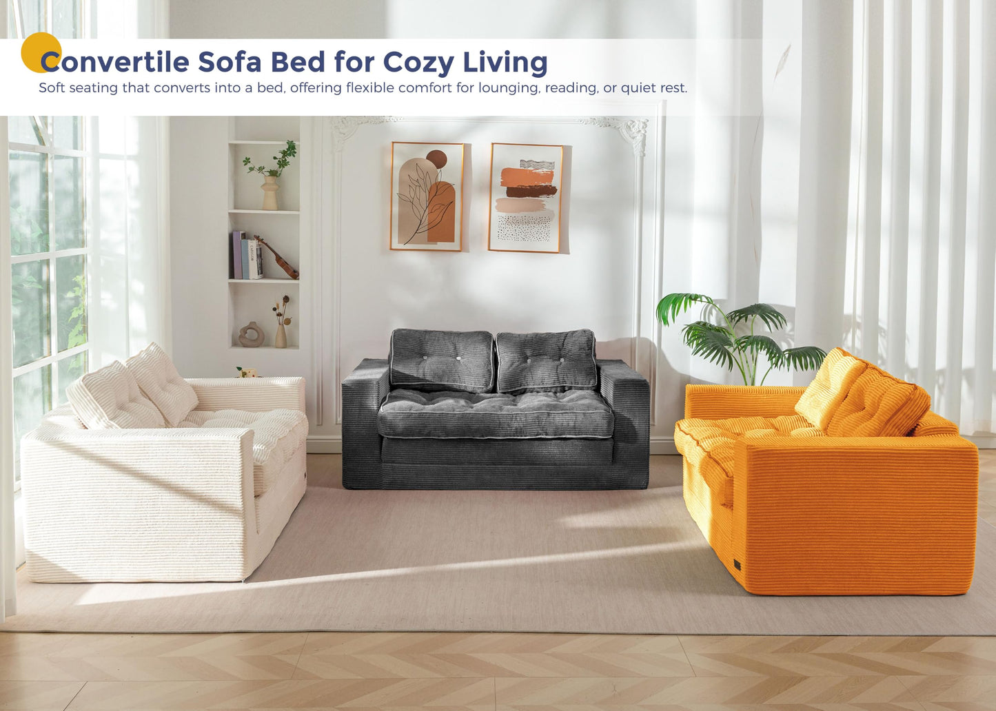 MAXYOYO Convertible Sofa Bed, Pull Out Loveseat Sofa Couch, 2 in 1 Folding Couch Bed, Fold Out Floor Couch with Pillows for Living Room Bedroom Lounge, Orange