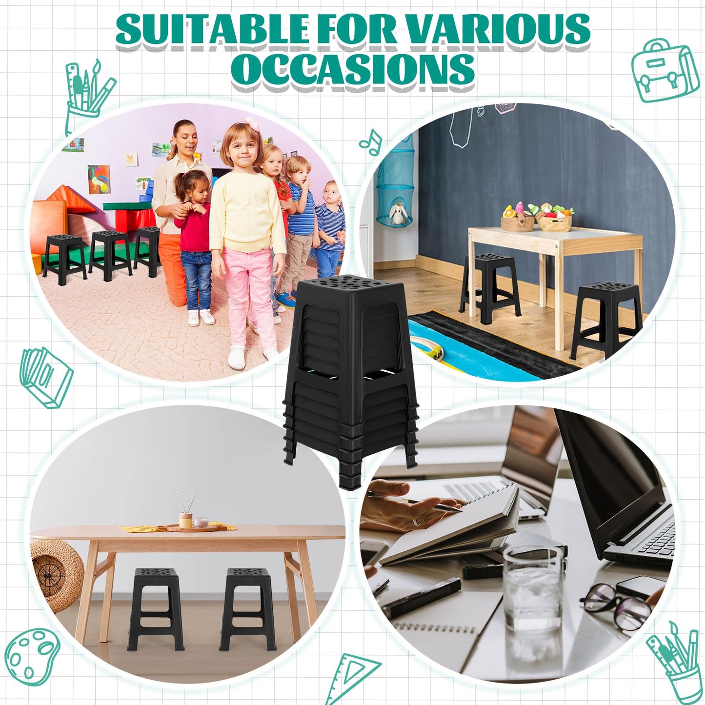 Leinuosen 6 Pcs Plastic Stool for Classroom 18 Inch Stackable School Stools Modern Portable Nesting Chair for Kids Students Classroom School Home Office (Black)