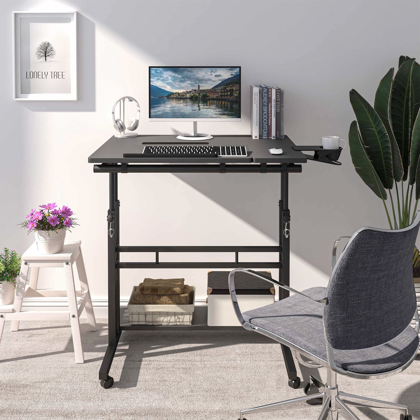 Mobile Standing Desk, Adjustable Rolling Computer Desk with 3 Desktops, Portable Laptop Table with Cup Holder, Home Office Laptop Workstation on Lockable Wheels, Black
