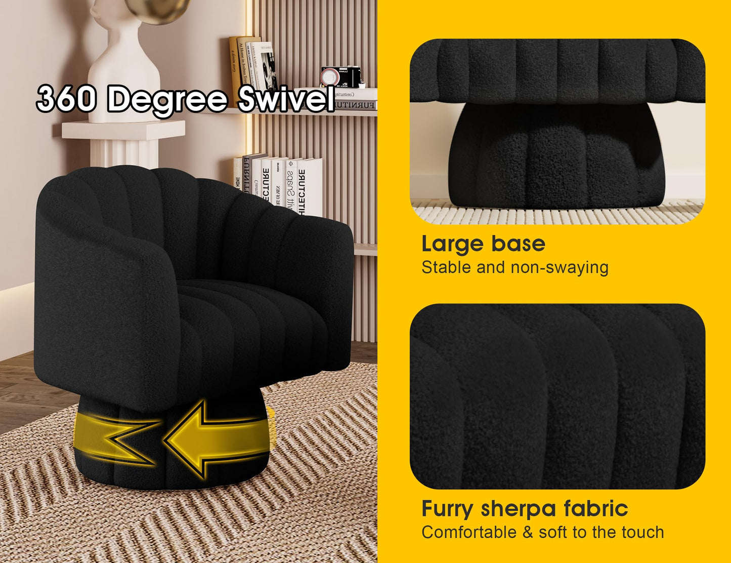 Dewhut Swivel Accent Chair, 360° Swivel Barrel Chair with Armrest, Sherpa Upholstered Single Sofa Reading Chair for Living Room,Bedroom,Waiting Room(Black)