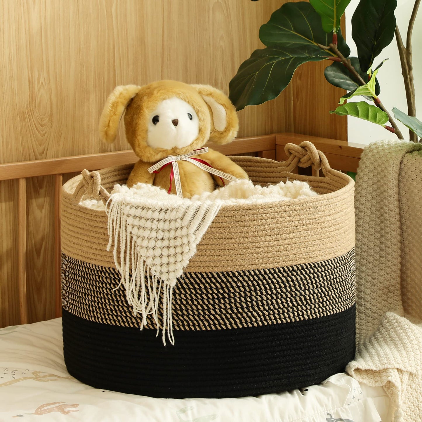 KAKAMAY Large Blanket Basket (20"x13"),Woven Rope Baskets for storage Baby Laundry Hamper, Cotton Rope Blanket Basket for Living Room, Laundry, Nursery, Pillows,Baby Toy chest (Jute/Black)
