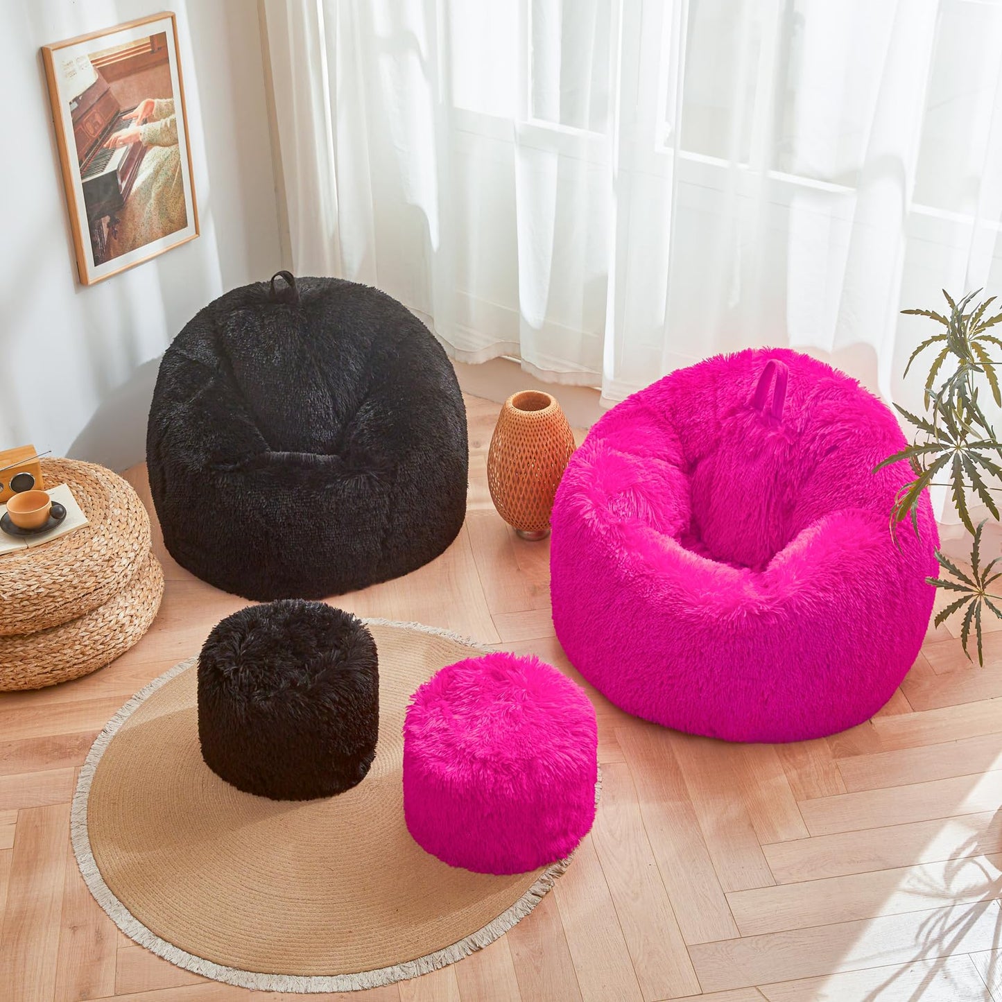 Hot Pink fluffy bean bag chair covers (No Filler), comfy Plush Hot Pink bean bag chair Cover for bedroom, stuffed animal Storage, kids adults teens girls bean bag chairs, Anti-Slip