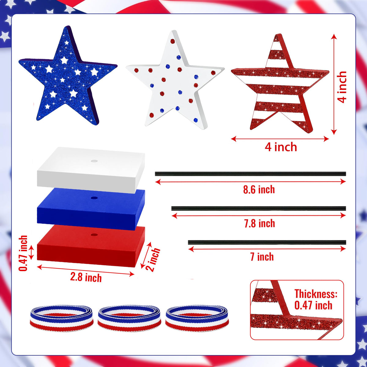 3 Pcs 4th of July Table Decoration Wooden Sign, Glitter Red White Blue Star Patriotic Table Centerpiece Fourth of July Tabletop Decorations Memorial Day Tiered Tray Decor for Home Office