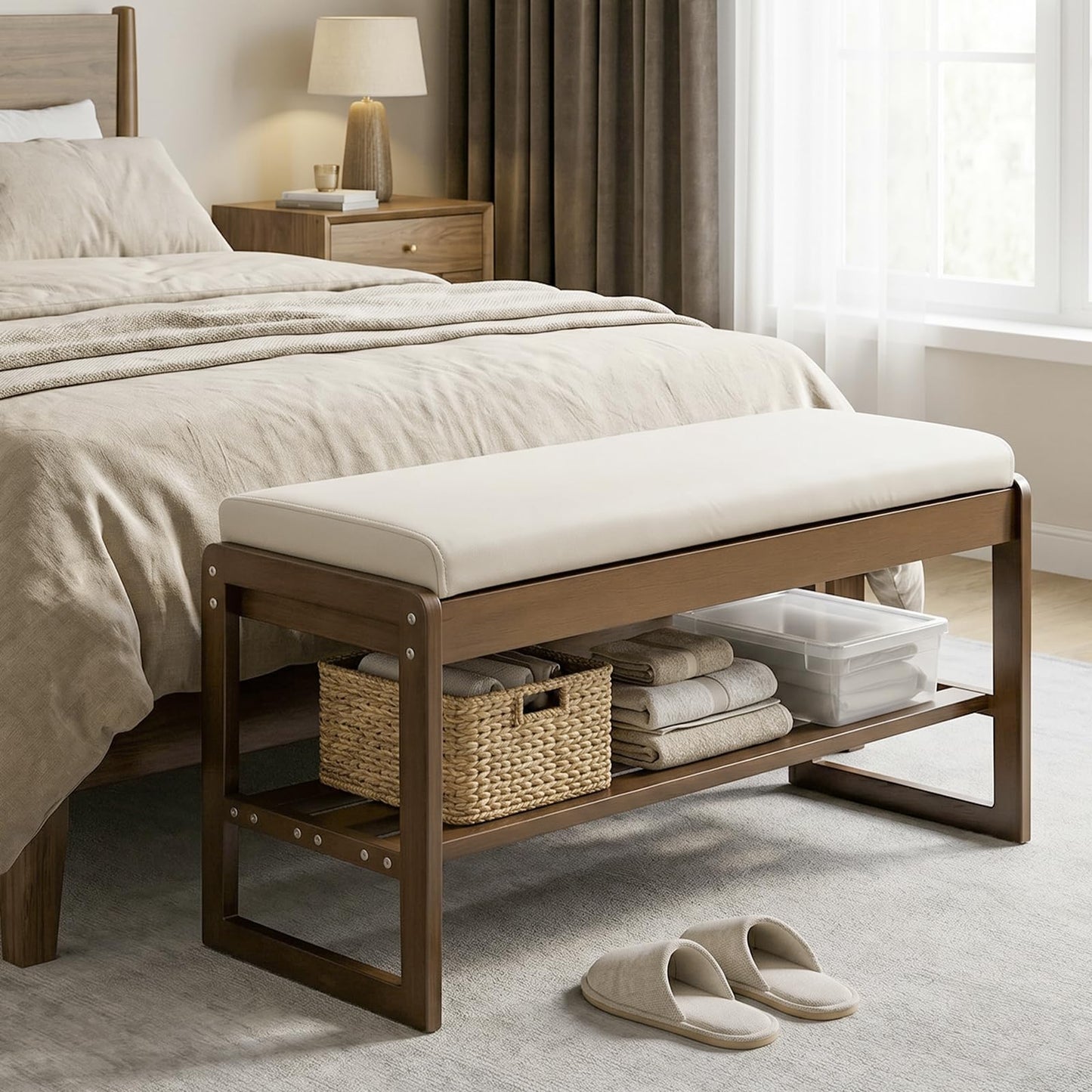 Moutosne Shoe Rack Bench with Cushion, 2-Tier Entryway Bench with Storage for Front Entrance, Hallway Living Room Bedroom (Walnut, 31.5")