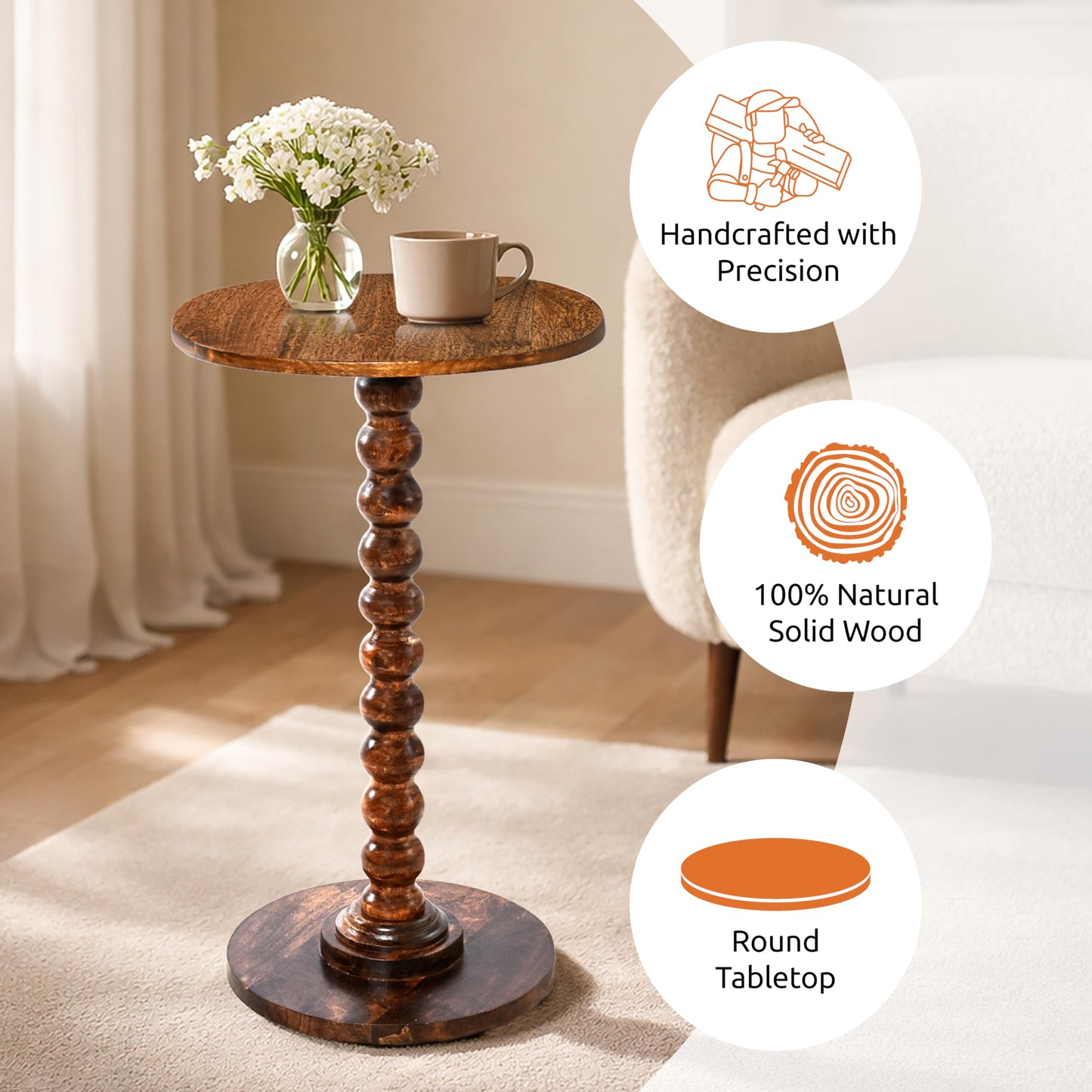 LIVINGNISH Solid Wood Round Side Table for Living Room, Bedroom and Office — Handcrafted End Table, Bedside Nightstand, Accent Table for Small Spaces with Tool-Free Assembly (Rustic Walnut)