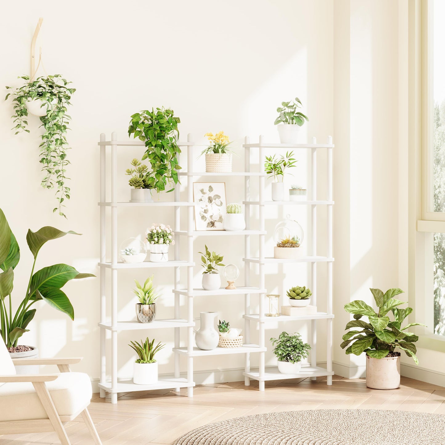 IOTXY Wooden Triple Wide Bookshelf - 5-Tier Large Shelf Bookcase with Solid Beech Frame, Tall Freestanding Open Etagere Display Rack for Home Office, White