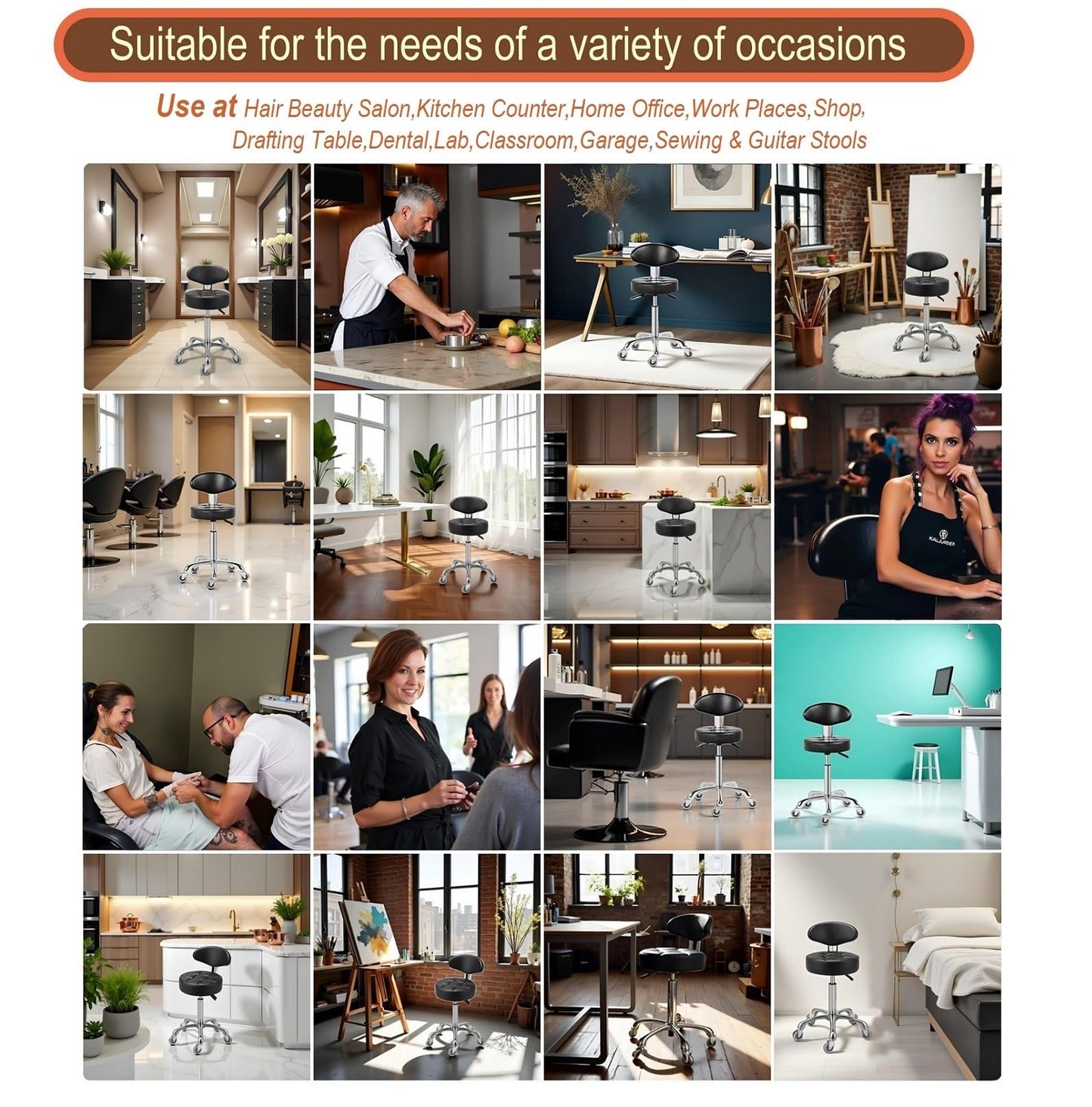 Kaleurrier Rolling Stool with Back Rest, Swivel Chair Adjustable Height, Heavy Duty Stools for Kitchen Salon Bar Office Garage Shop Massage (with Back Rest) (Black)