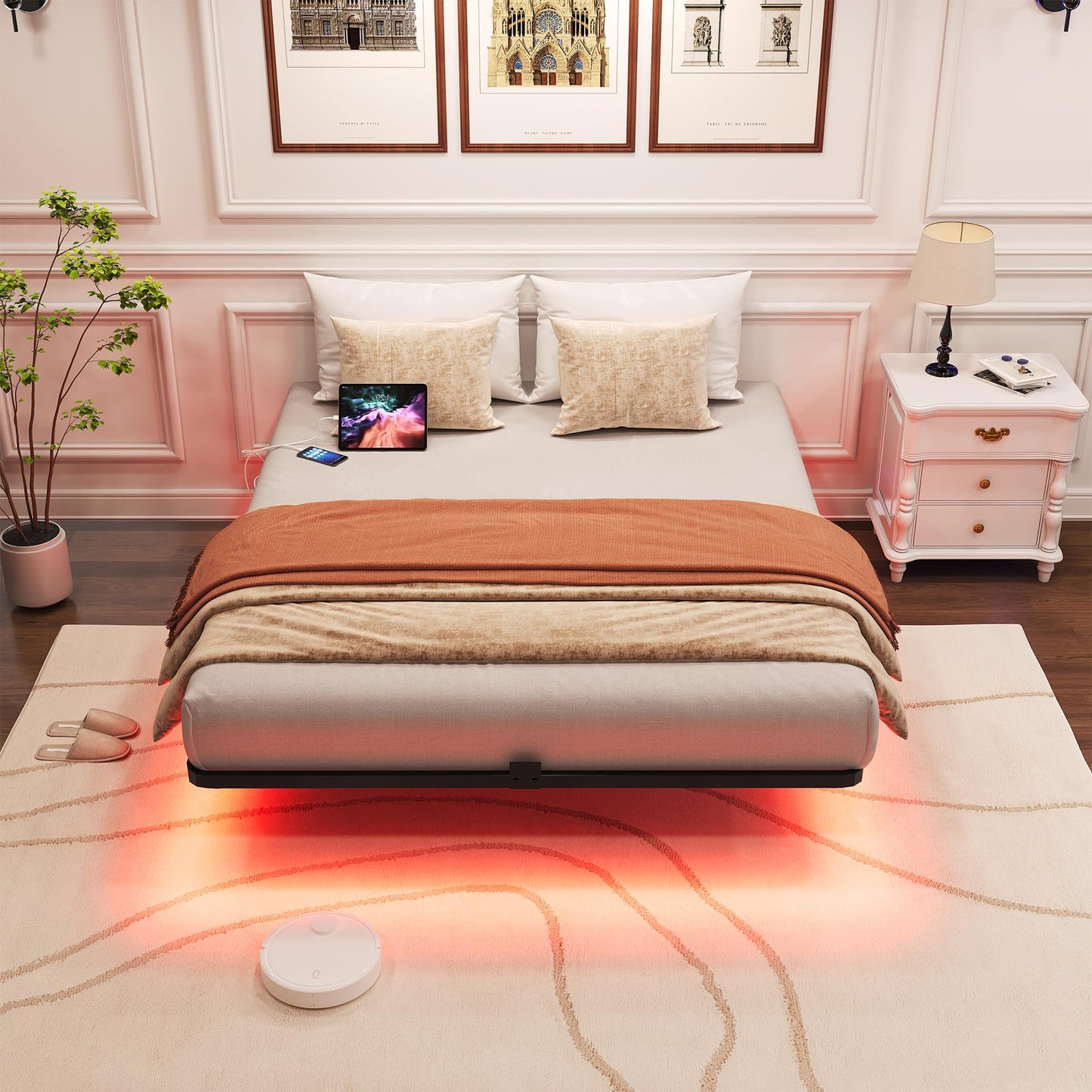 FSJianYi Floating Bed Frame with LED Lights and Charging Station - Modern Metal Platform Bed Frame - Noise Free No Box Spring Needed and Easy Assembly (Full)