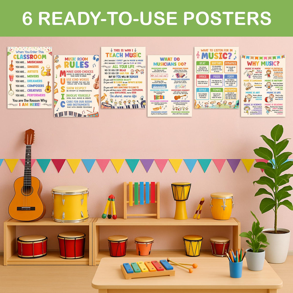 Lalunia 6 Pcs Music Classroom Posters (11"x16") - Why Music Classroom Rules Posters for Bulletin Board Decorations, Teacher Supplies, Musical Education Decor for Elementary Middle School