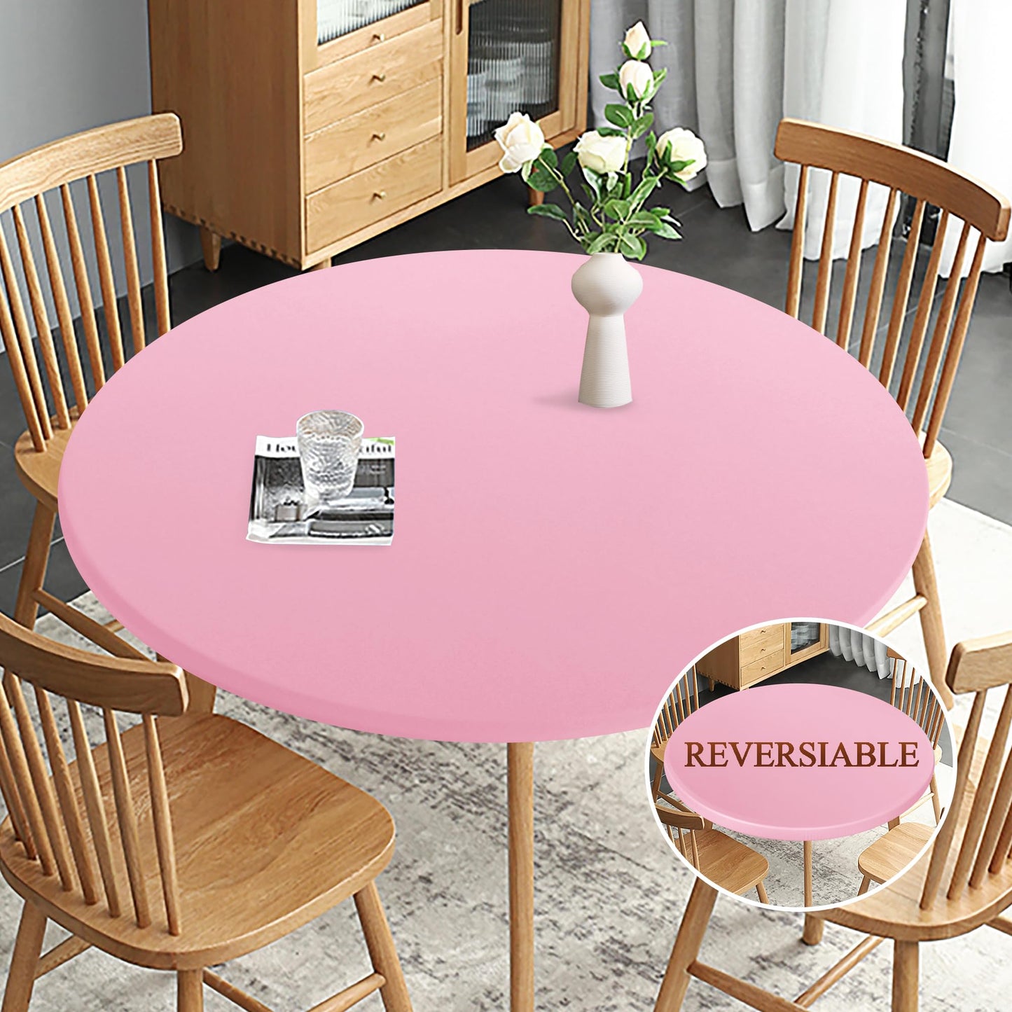 Obstal Fitted Round Table Cloth, Reversible Waterproof Stain Resistant Elastic Stretch Tablecloth, Wipe Clean Table Cover for Outdoor/Indoor Use, Fits Round Tables up to 40" - 44" Diameter, Baby Pink