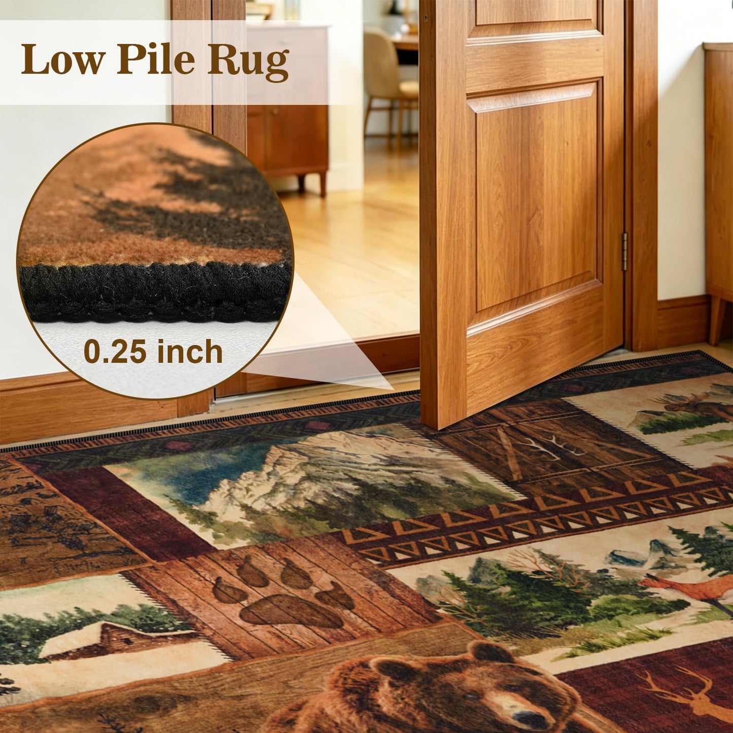 ASPMIZ Extra Large Rustic Area Rugs 8x10 Non-Slip Washable — Buffalo Plaid Log Cabin Bear Deer Fox Design, Vintage Soft Faux Wool Carpet Rugs for Living Room Dining Room