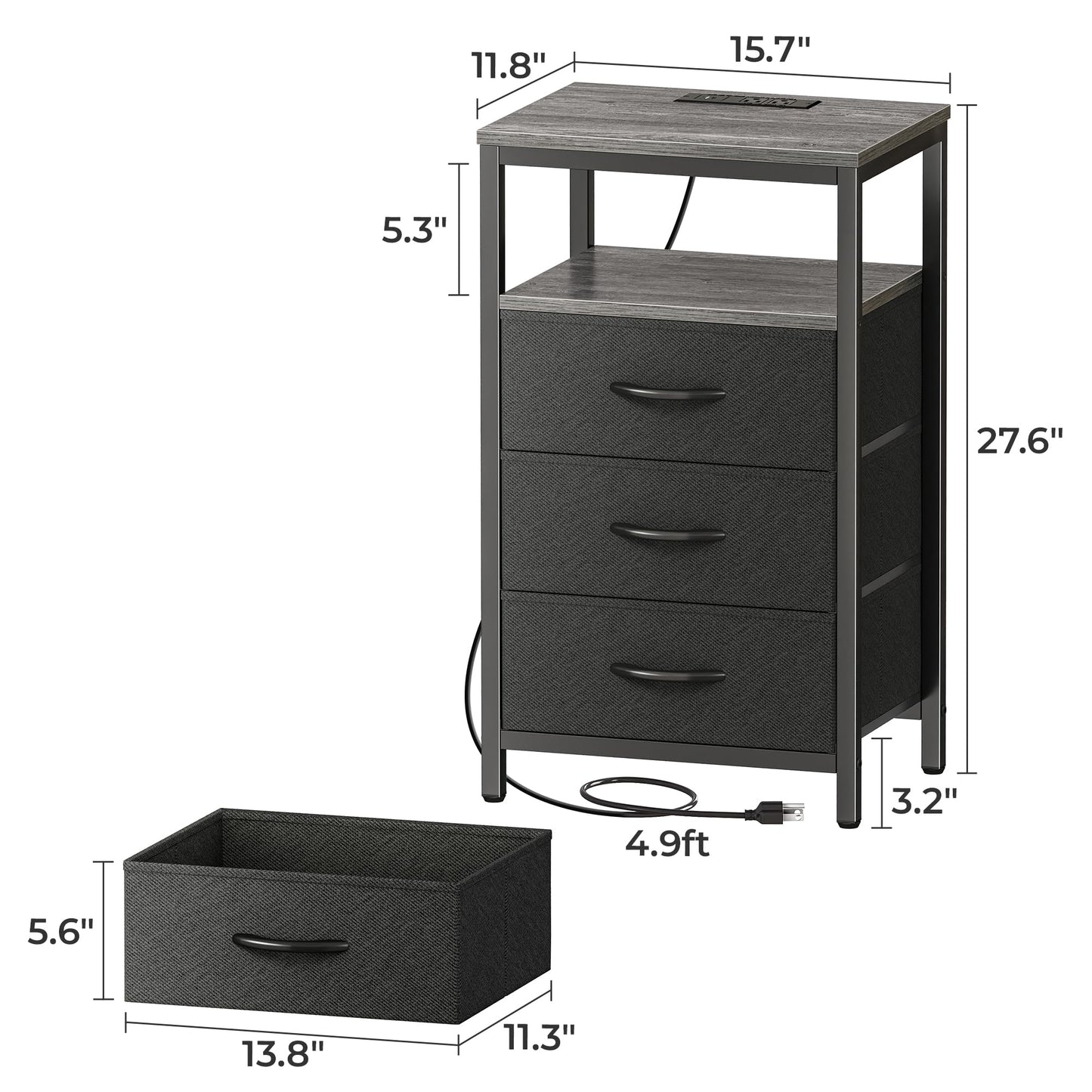 Huuger Nightstands Set of 2, 27.6 Inch End Tables with Charging Station, Fabric Drawers, Bedside Tables with USB Port and Outlet, Night Stands for Bedroom, Charcoal Gray