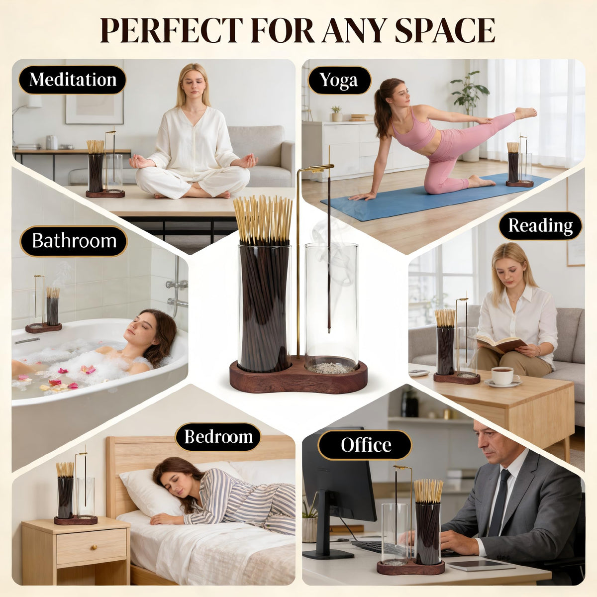Glass Incense Holder for Sticks, 2-in-1 Incense Burner with Ash Catcher & Storage, Natural Wood Stick Holder for Meditation Yoga Zen Home Decor, Unique Spa Gift for Women