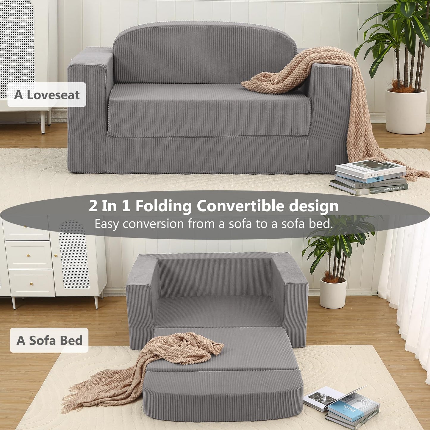 MeMoreCool Convertible Sofa Bed, Pull Out Loveseat Sleeper Sofa, Small Boneless Cloud Couch Bed for Adults, Fold Out Foam Love Seat, Corduroy Folding Floor Couch for Bedroom, Light Grey