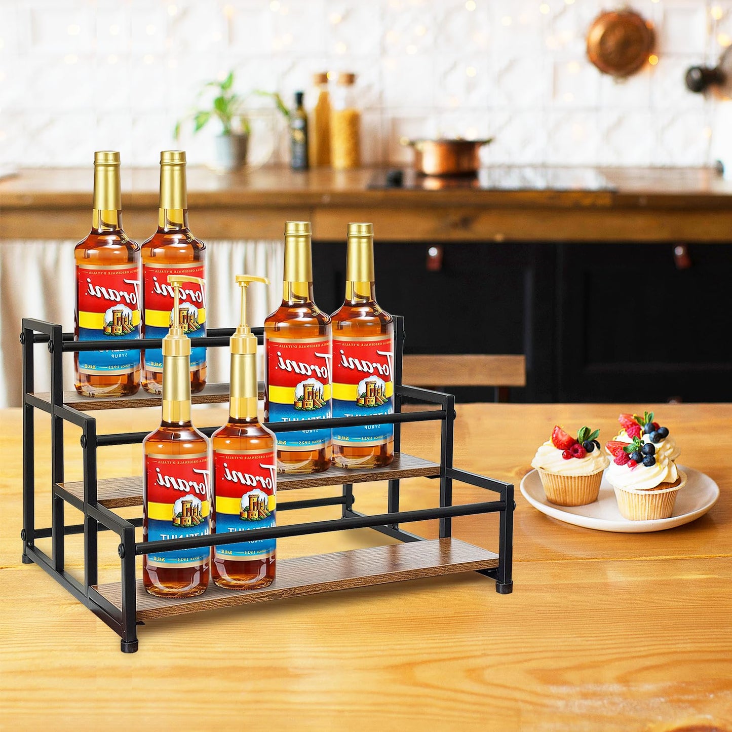 Klxuyuo 3-Tier Coffee Syrup Rack for 15 Bottles (750ml) –Sturdy Coffee Syrup Organizer for Bar, Kitchen, Café, Office