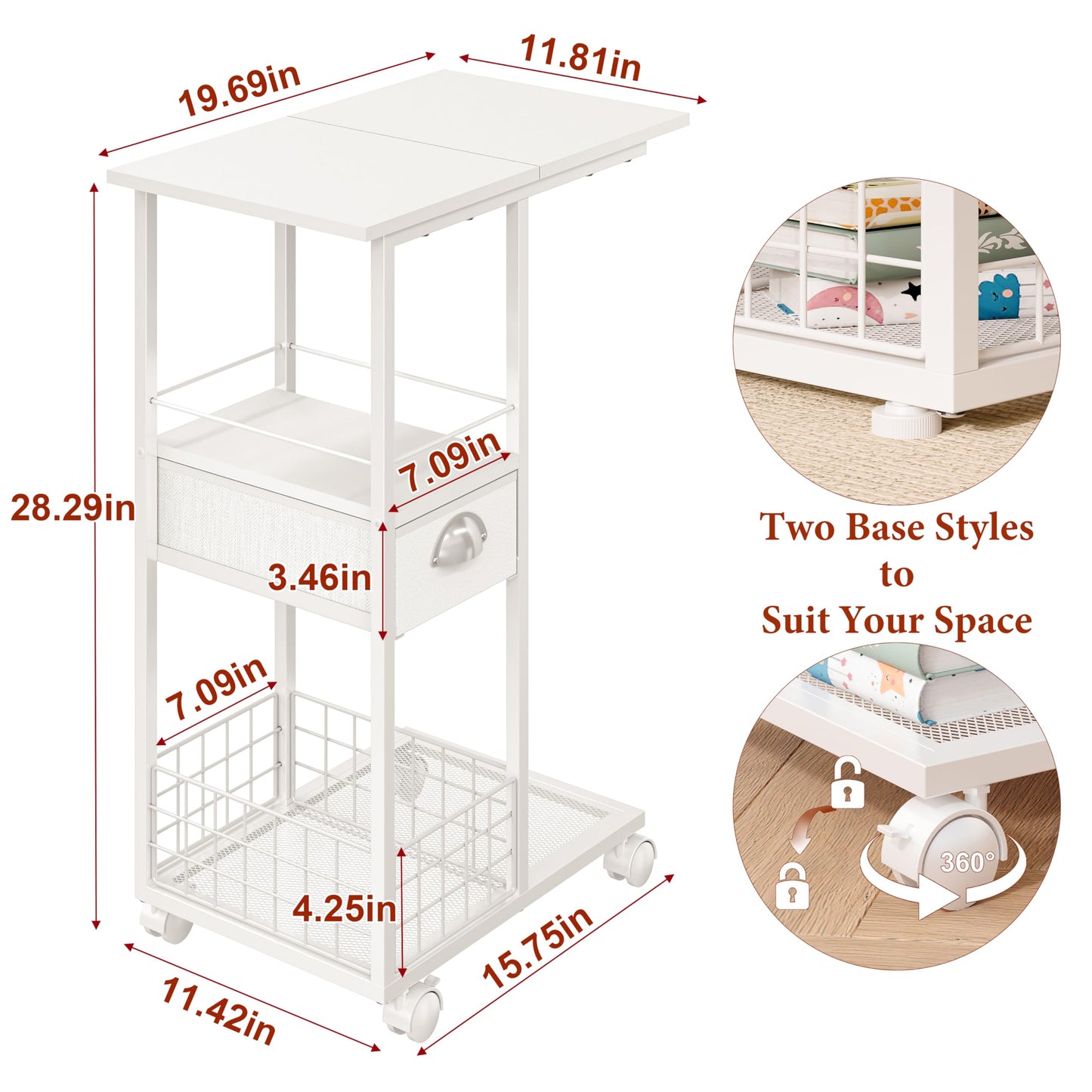 Rolling Side Table with Storage Drawer, White Bedside Table with Wheels, TV Tray for Sofa, Portable Desk on Wheels, Modern Night Stand, Overbed Table for Bedroom, C Shaped End Tables Living Room