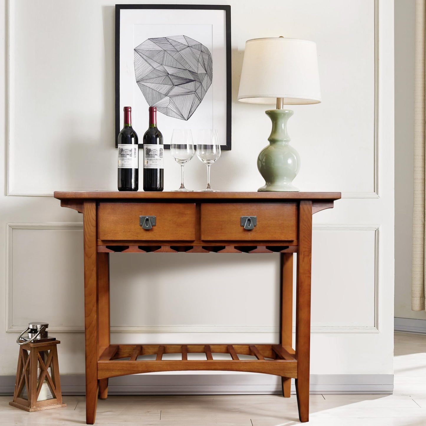 Leick Home 9061-RS Mission Wine Stand with Glass and Bottle Storage, Two Drawer, for Buffet, Dining Room, Living Room, Kitchen, Russet Finish