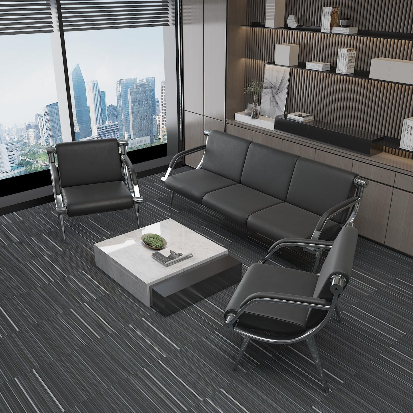 wonline Waiting Room Chair with Armrest Black PU Leather Office Furniture, Office Guest Seating Lobby Conference Reception Chairs for Airport Clinic Hospital Bank Salon Barber(Black)