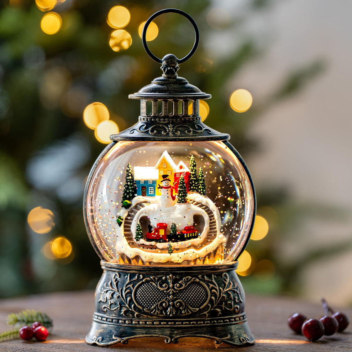 Christmas Village Snow Globe Lantern – LED Musical Swirling Glitter Water Globe, Snowy Village with Train, Battery or USB Powered, Auto Timer – Tabletop Decor & Gift