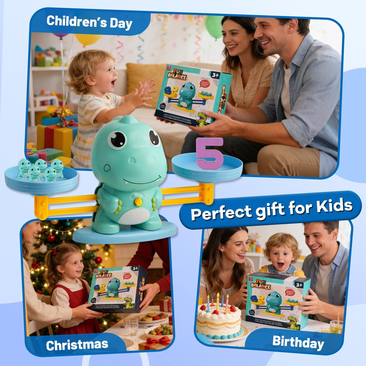 ISMETACU Dinosaur Math Balance Toy for Kids Ages 3-7, Montessori Number Blocks Learning & Educational Dinosaur Toys for Kids 3-5 and Math Games for Kids 5-7,Ideal Gift for Kids (Basic Blue)