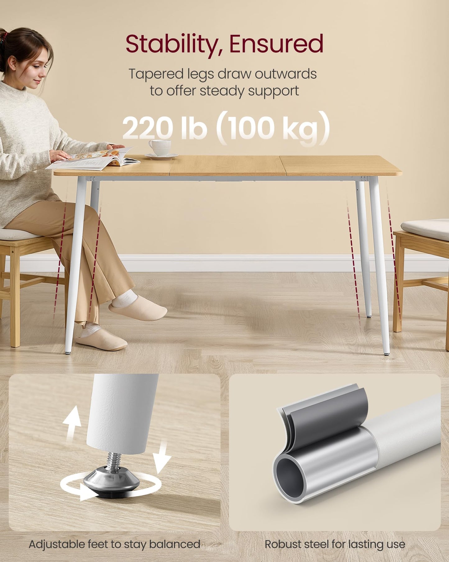 VASAGLE 55.1" Dining Table for 4-6 People, Modern Kitchen Table, Heat-Resistant Tabletop, Quick Assembly, for Dining Room, Golden Oak and Cloud White, Island Collection UKDT100N01V2