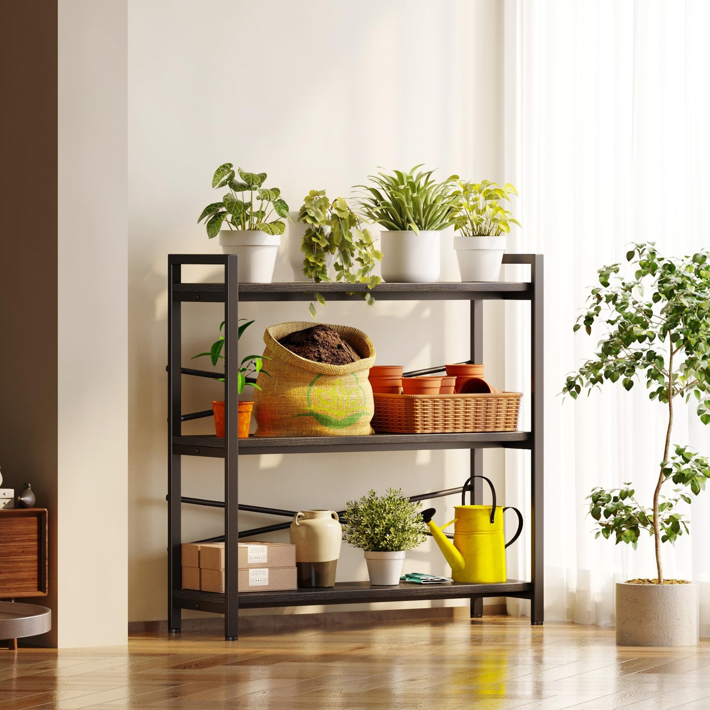 Book Shelf, 3 Tier Bookshelf 31.49" Width, Book Shelf Storage and Organization, Wooden and Metal Industrial Bookcase, Large Book Shelves for Home Living Room Bedroom Office Storage(Black)