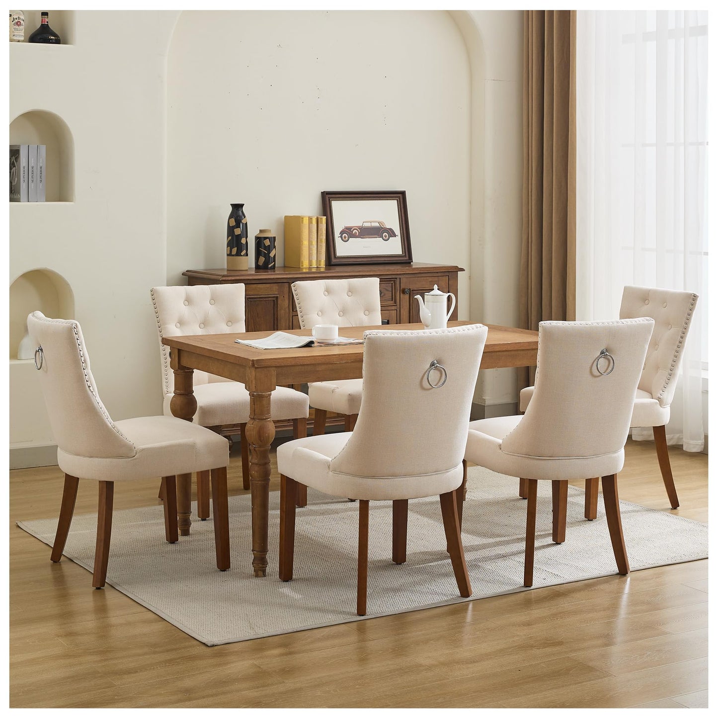 UDAX Upholstered Tufted Dining Chairs Set of 4, Fabric Side Dining Room Chairs with Nailhead Back Ring Pull Trim Solid Wood Legs, Beige