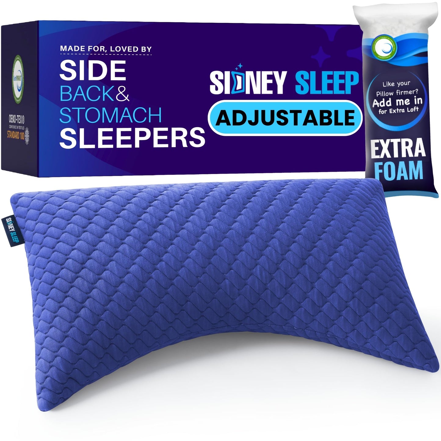 Sidney Sleep Adjustable Curved Pillows for Neck and Shoulder Support with Extra Shredded Fill - Cervical Contour Pillow for Side and Back Sleepers - Queen Size 19" x 29" - CertiPUR-US Certified (Blue)