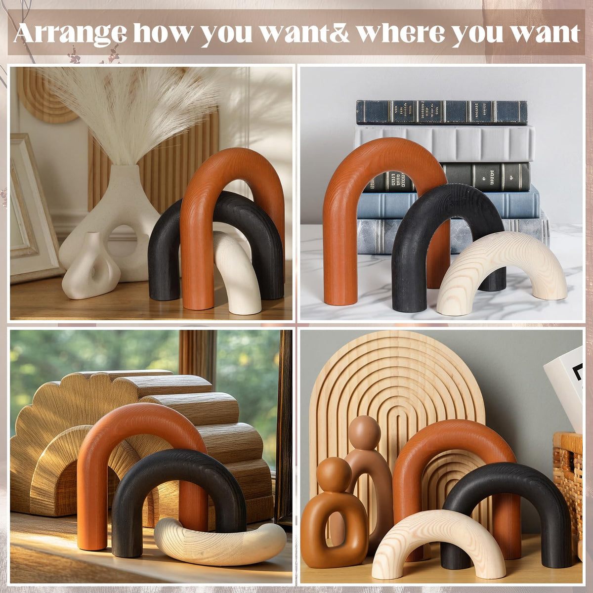 Yousoontic 3 Pcs Modern Table Decor Wooden Arch Shelf Decor Cream Black Red Brown Wood Accents for Coffee Table Bookshelf Console Living Room Entryway Farmhouse Home Decoration