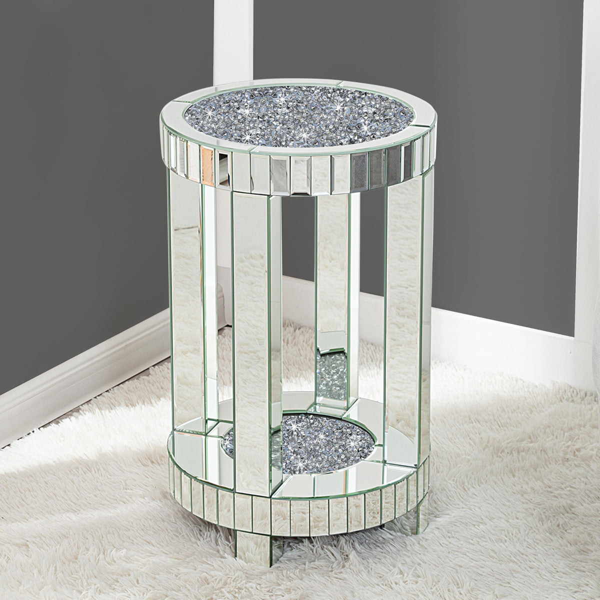 SHYFOY Mirrored Round End Table with Crystals Inlay, 2-Tier Modern Glass Small Sofa Table with Storage, Silver Accent Table for Living Room, Bedroom and Small Spaces