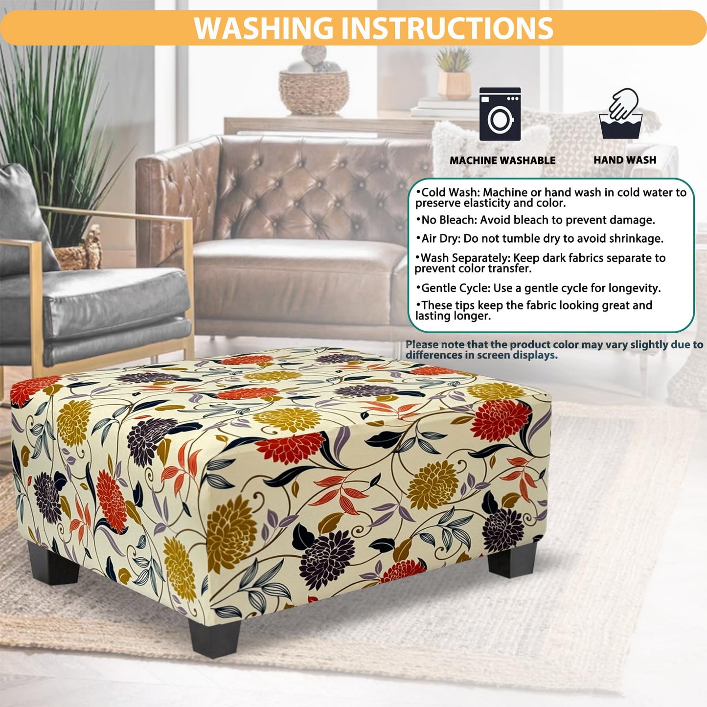 TOPHMDECOR Ottoman Cover Rectangle Printed,Stretch Footstool Slipcover with Elastic Bottom,Soft Fabric Protector for Rectangular Ottoman in Living Room or Bedroom,Medium,Flower B