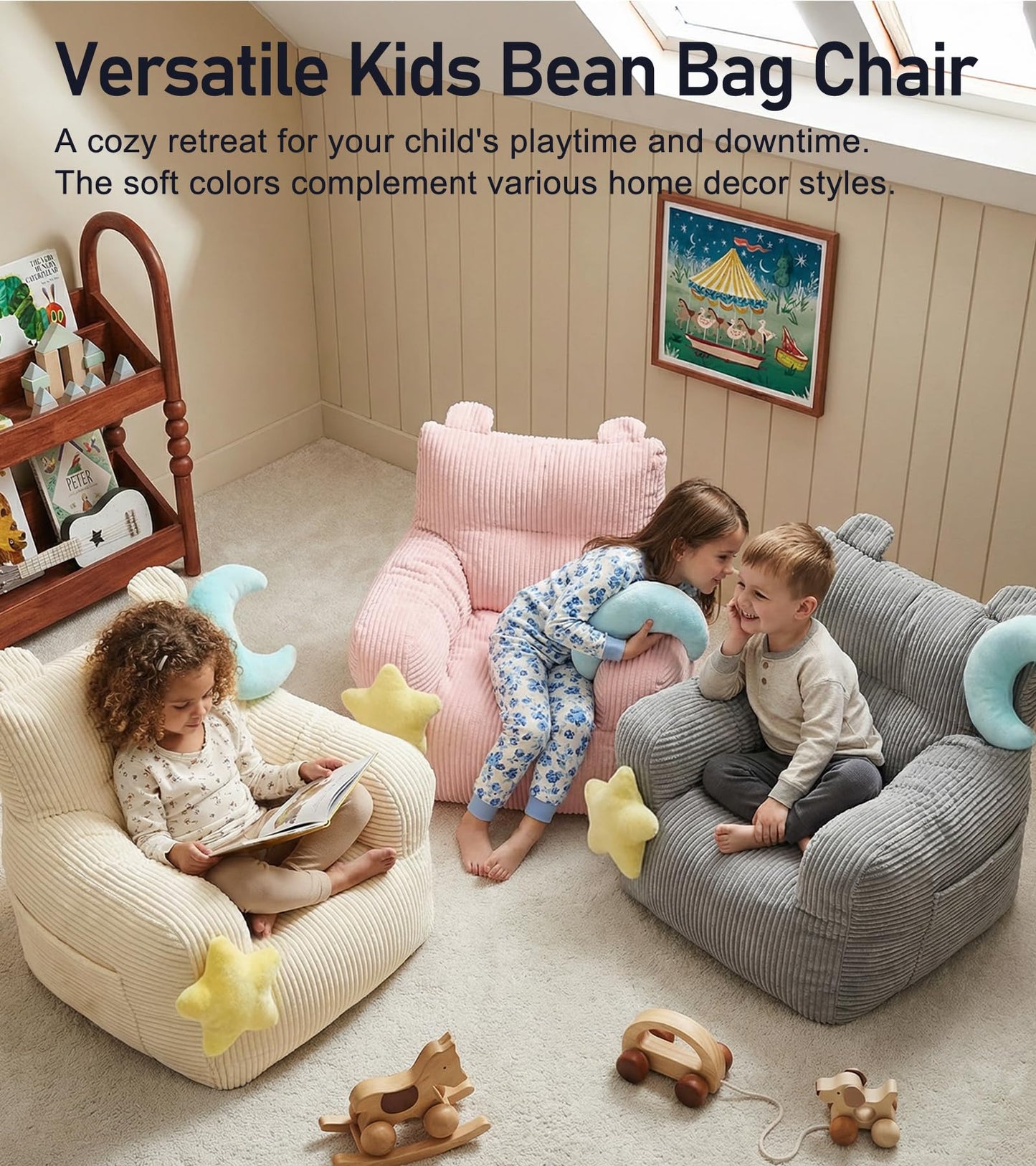 little dove Bean Bag Chairs for Kids, Comfy Bean Bag Chair with 2 Plush Toys, Toddler Chair with Pocket, Stuffed Lazy Sofa with Filler for Boys and Girls, Kids Chairs for Gaming, Reading, Grey