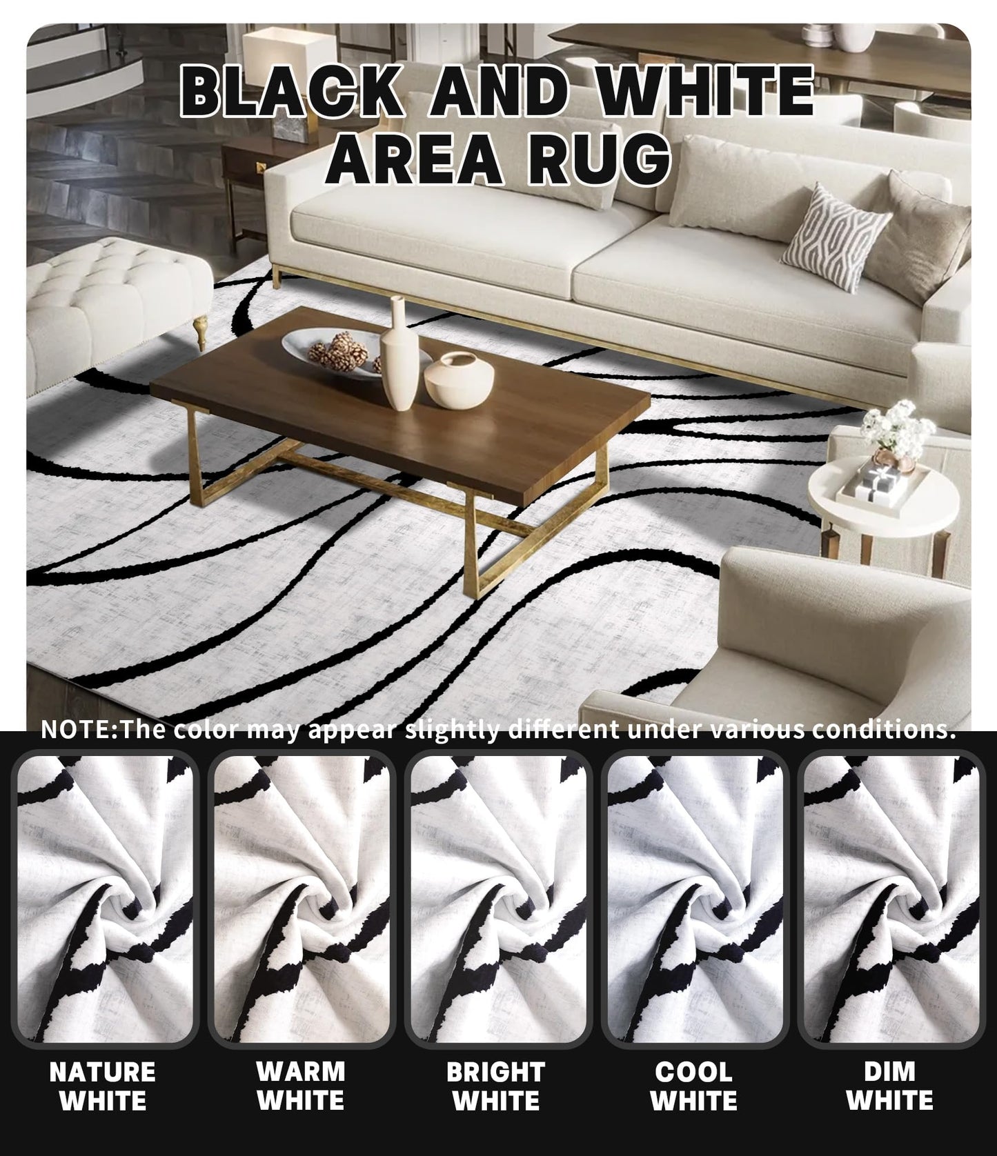 YIHOUSE Modern Area Rugs for Living Room, 9x12 Washable Black and White Rug, Thin Abstract Geometric Striped Rug, Area Rug for Bedroom,Kitchen,Dining Room,Office