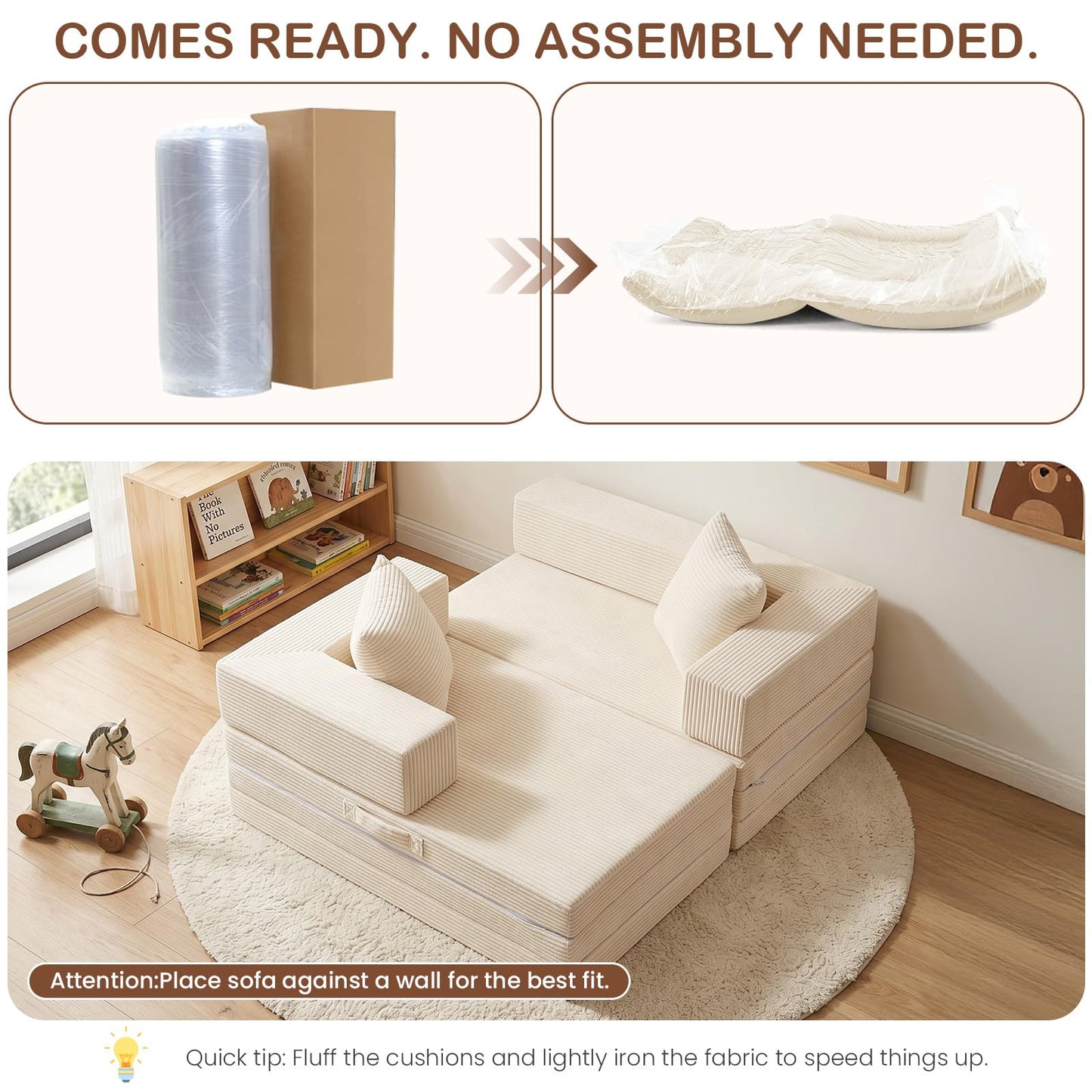 65" L Shaped Couch for Small Spaces, No Assembly Cloud Sectional Sofa with Deep Seat, Left Facing Chaise, 4-in-1 Modular 3 Seater Corduroy Couch for Apartment, Beige