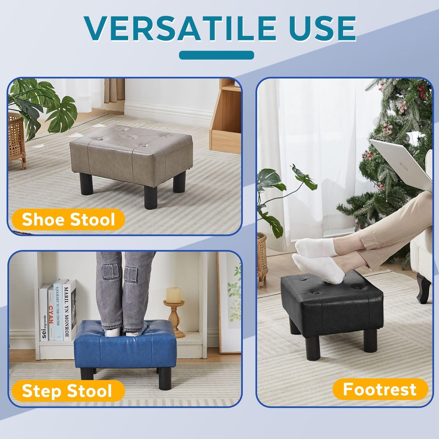 FIMIVIBI Small Foot Stool Ottoman, Faux Leather Footstool Ottoman Foot Rest for Couch, Rectangle Footstools and Ottomans Small for Living Room, Entryway and Bedroom (Black)