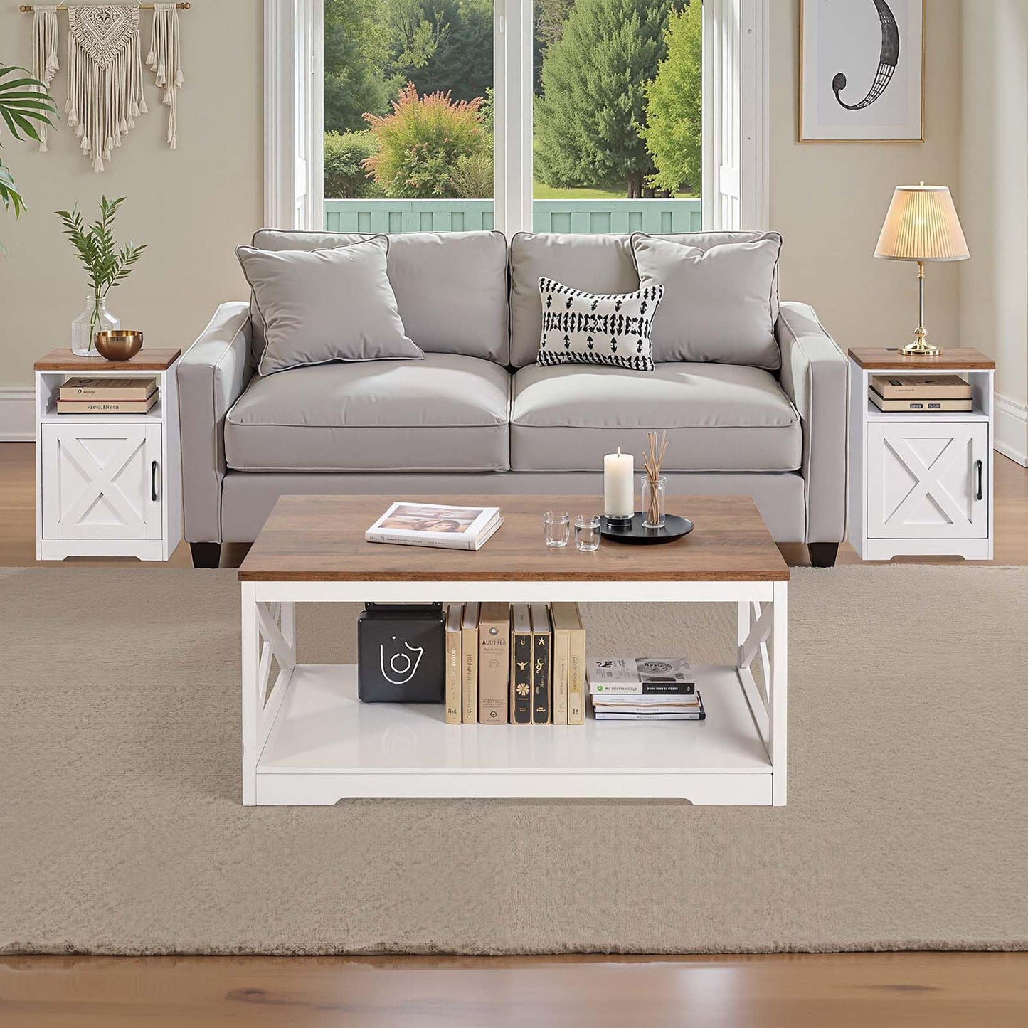 VEVOR 3 Pieces Farmhouse Coffee Table Sets, 40 Inch Industrial Coffee Table with 2 End Tables, Easy Assembly Coffee and Side Tables Sets with Charging Station, for Office, Living Room & Apartment