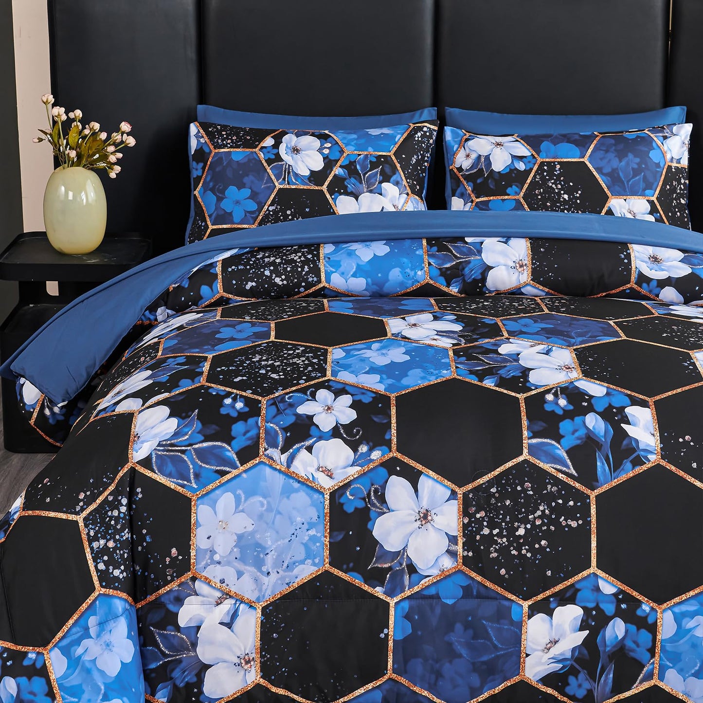 ZRNBAST King Comforter Set 7 Pieces Blue Floral Bedding Set, Geometric Bed in A Bag with Sheets and Pillowcases, Soft Microfiber Complete Bedding Sets for All Season(Blue Floral,King)