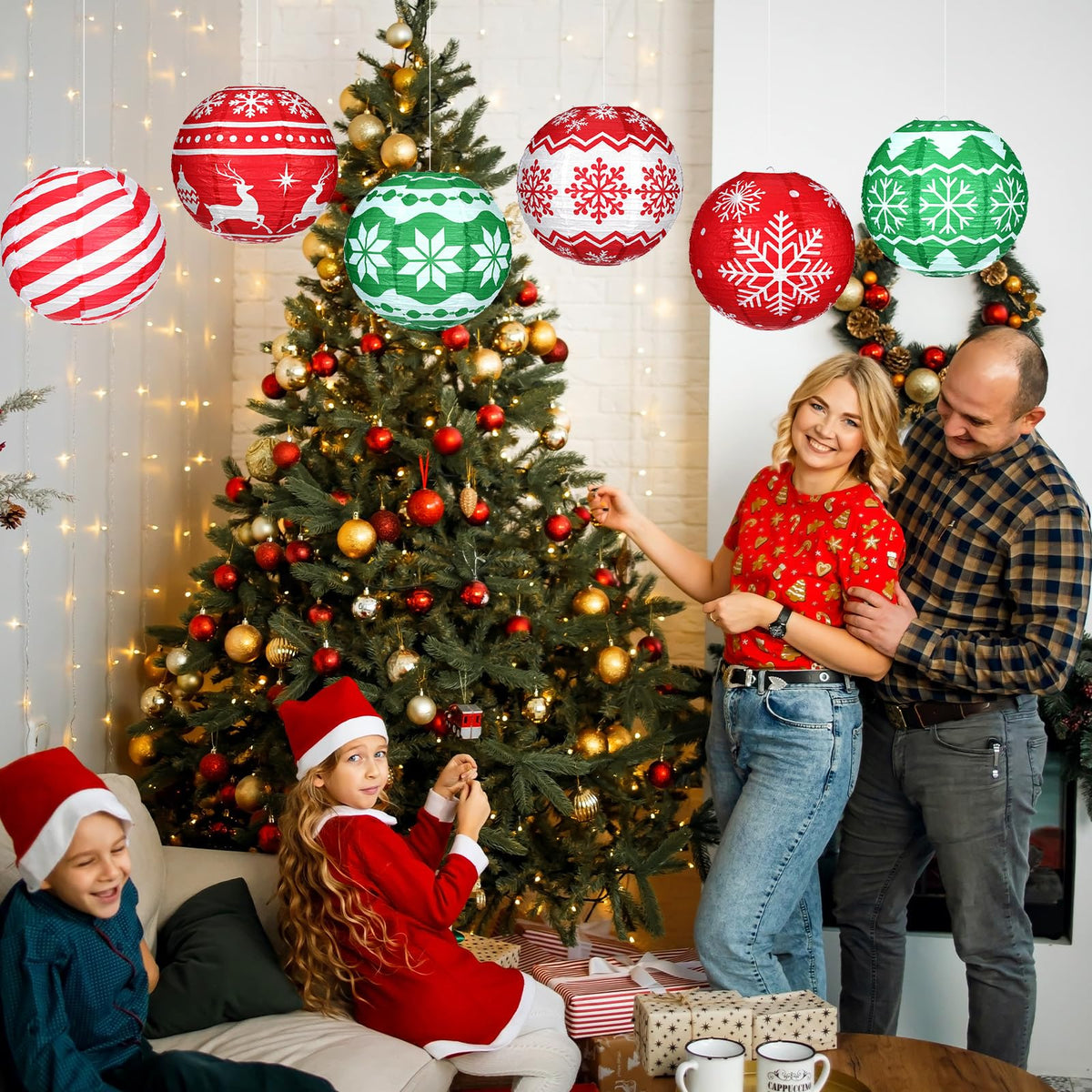 Bencailor 12 Pcs Summer Christmas Hanging Paper Lanterns Set Xmas Decorative Party Round Hanging Lamps for Summer Xmas Home Decoration Supplies Props Holiday Decor(12 Inch,Noble)