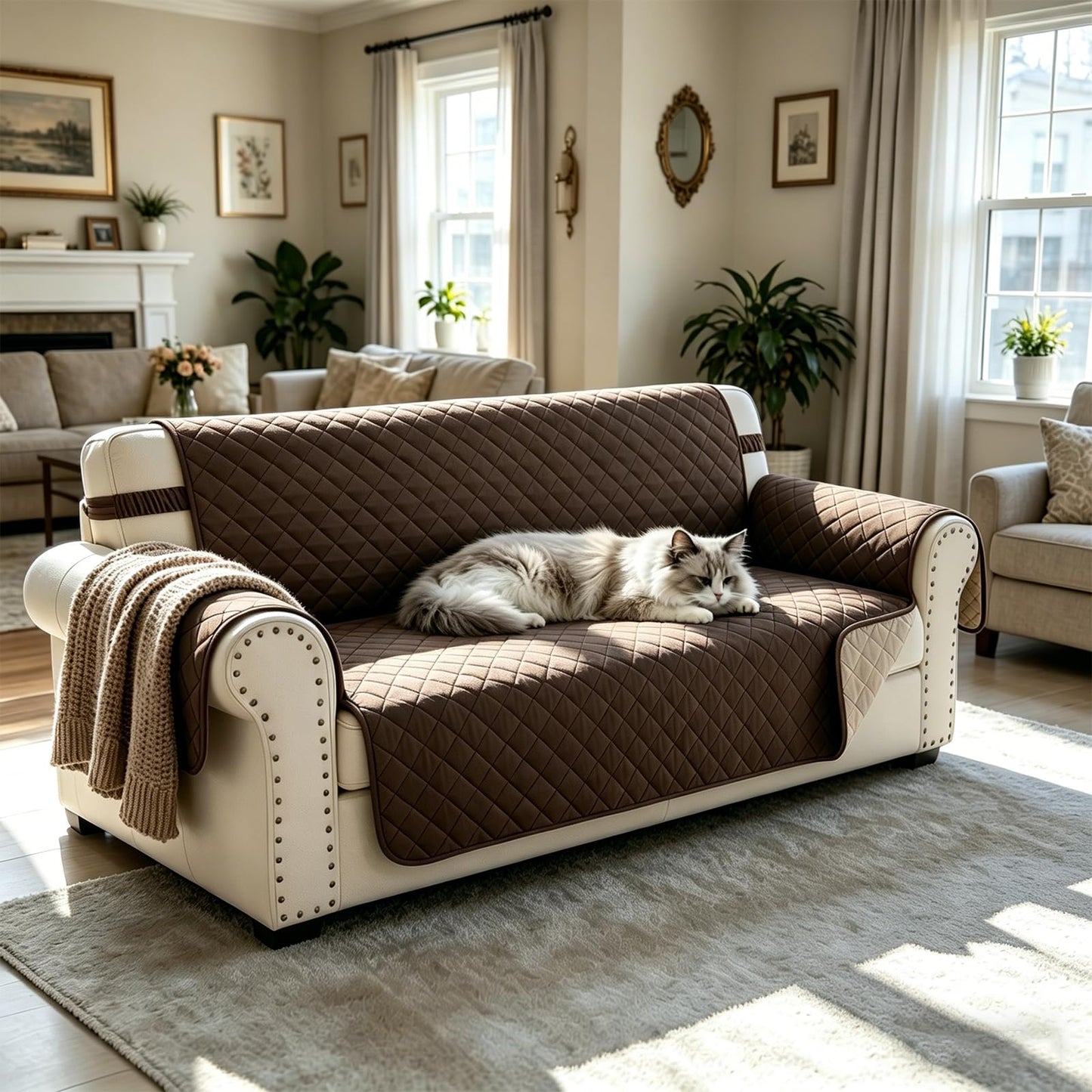 Luxshare Home Reversible Couch Cover for 3 Cushion Couch Sofa Cover Washable for Pet Friendly with Elastic Straps Water Repellent(Sofa, Chocolate/Beige)