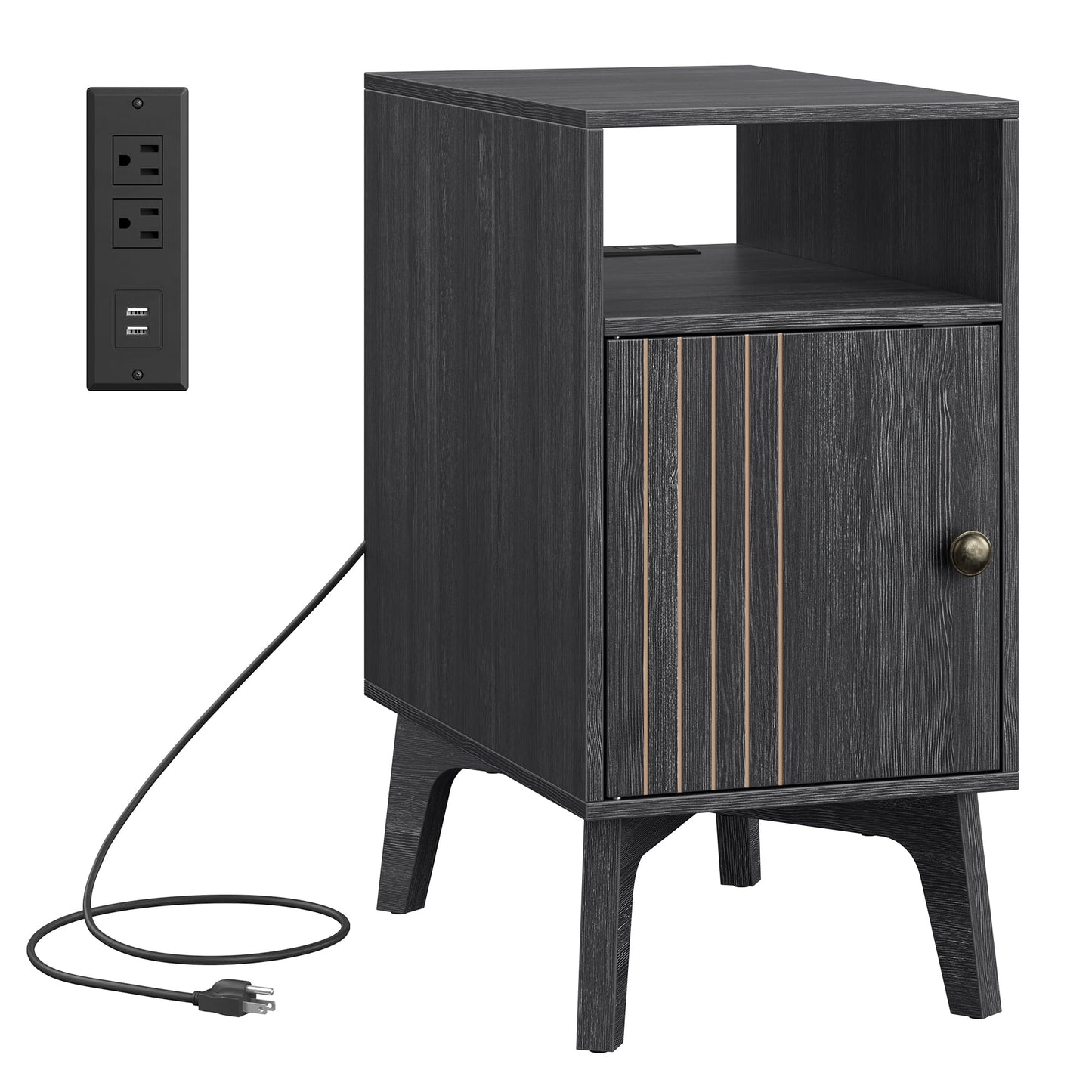 VASAGLE MAEZO Collection - End Table with Charging Station, Narrow Side Table, Nightstand with Tapered Legs, Curved Transitions, for Small Spaces, Living Room, Bedroom, Charcoal Gray ULET329B101S