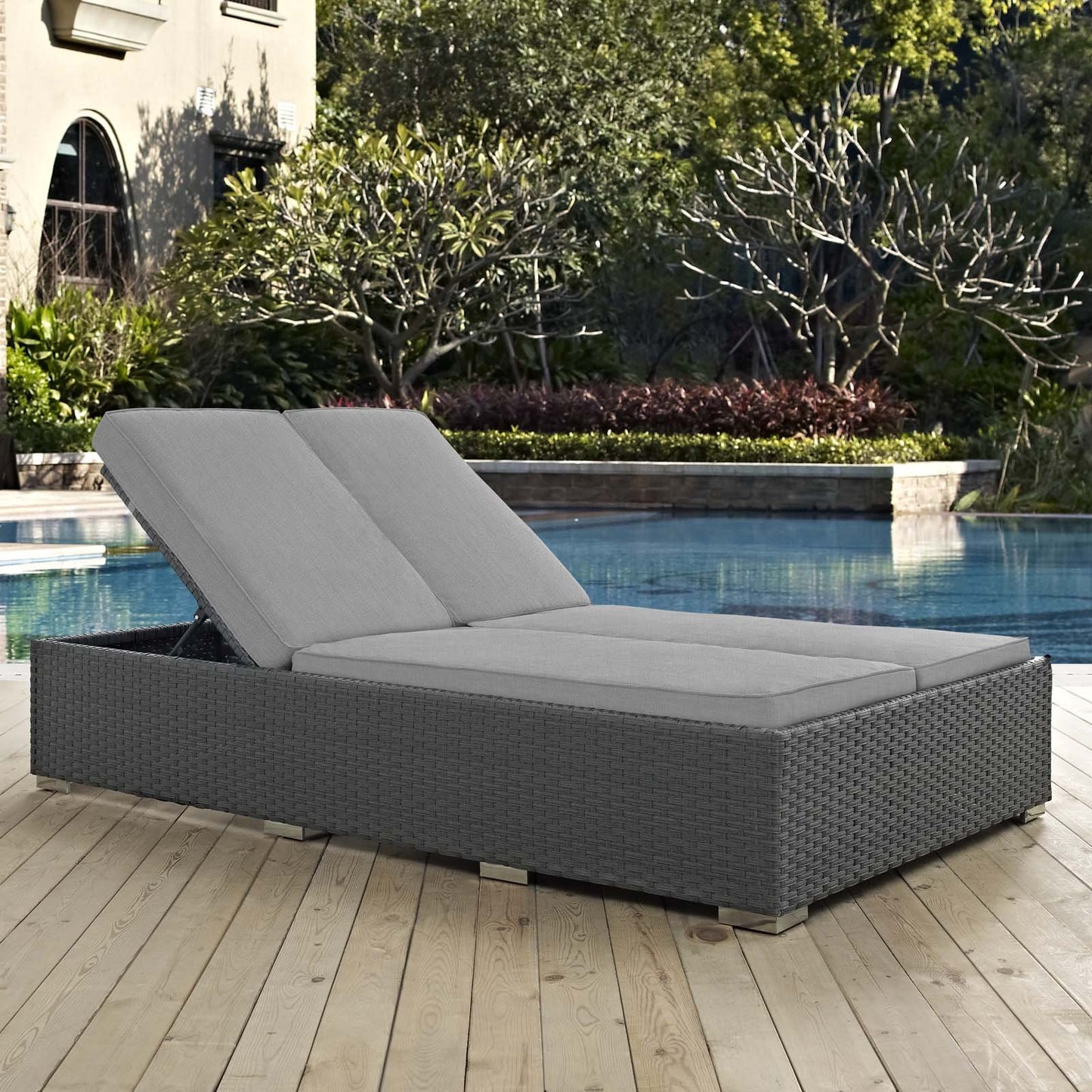 Modway Sojourn Wicker Rattan Outdoor Patio Sunbrella Fabric Double Chaise in Chocolate Gray