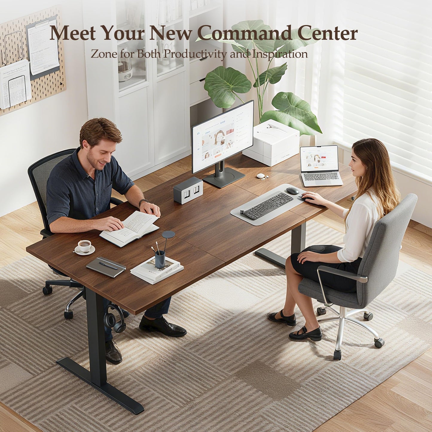 Klicelor 63 Inch Large Electric Standing Desk, Height Adjustable Office Desk, Sit Stand Up Computer Gaming Desk with Memory Preset, Three-Piece Desktop, Dark Walnut