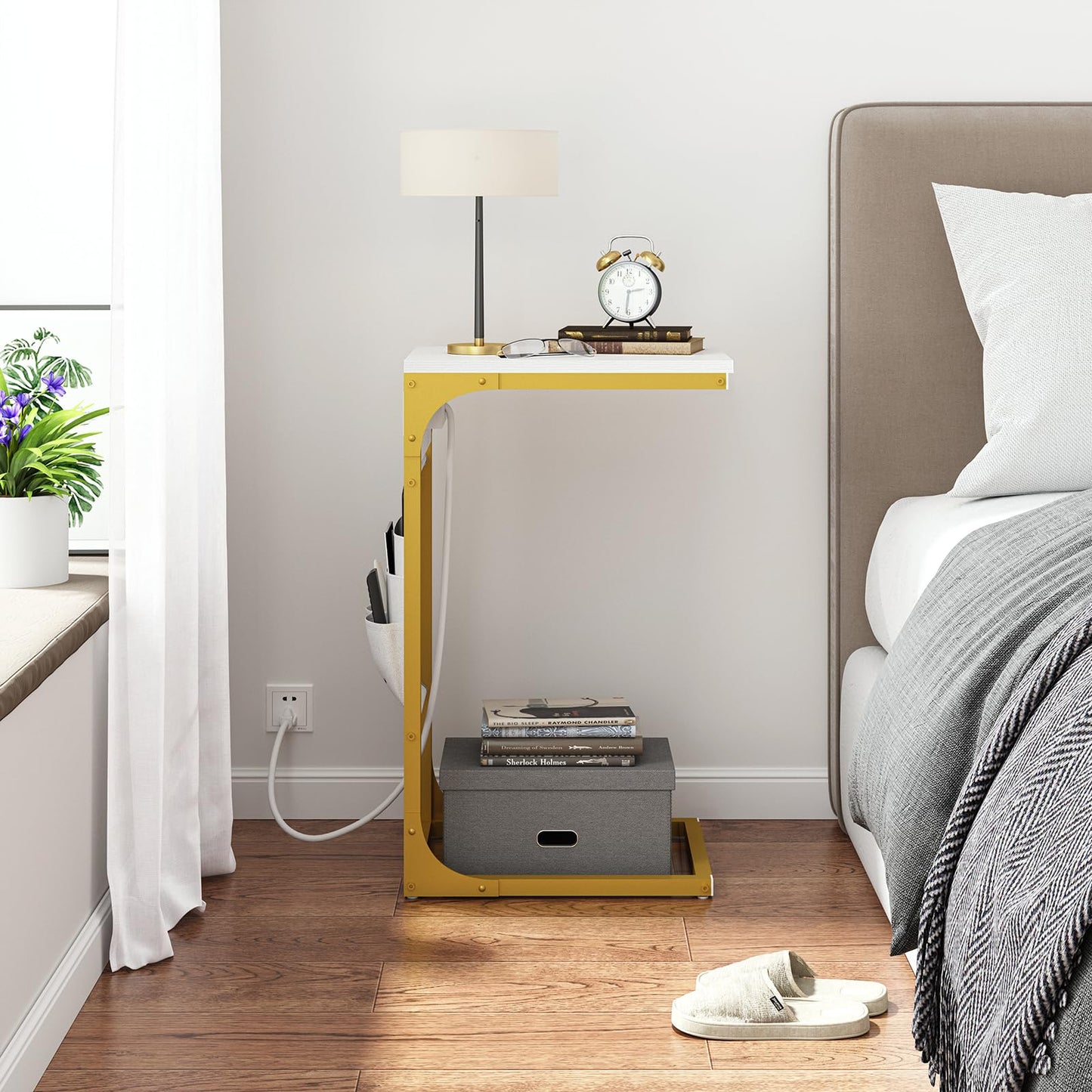 TUTOTAK C Shaped End Table with Charging Station, Side Table for Sofa, Couch Table with Storage Bag, TV Tray Table with 2 USB Ports and Outlets for Living Room, Bedroom, White and Gold TB01BWG024