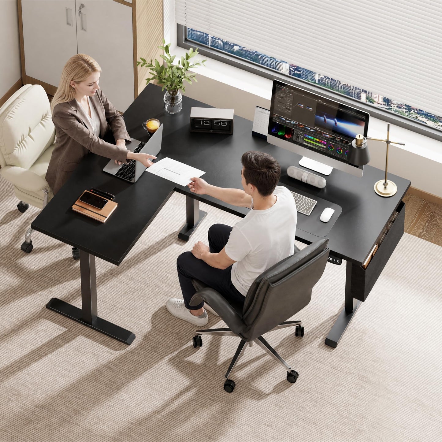 Korfile 63” L Shaped Electric Standing Desk, Height Adjustable Computer Desk with LED Screen & Memory Presets, Ergonomic Sit to Stand Desk with Headphone Hook for Home, Office and Workstation, Black